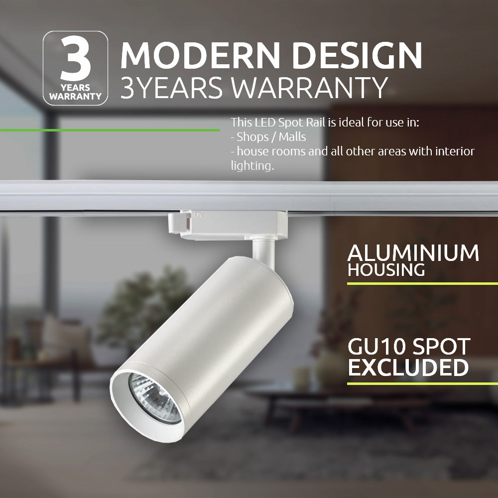 Moderner LED-Schienenstrahler mit Aluminiumgehäuse in seitlicher Perspektive, geeignet für GU10-Lampen (nicht im Lieferumfang enthalten), ideal für Geschäfte, Wohnräume und andere Innenanwendungen, mit 3 Jahren Garantie.