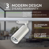 Moderner LED-Schienenstrahler mit Aluminiumgehäuse in seitlicher Perspektive, geeignet für GU10-Lampen (nicht im Lieferumfang enthalten), ideal für Geschäfte, Wohnräume und andere Innenanwendungen, mit 3 Jahren Garantie.