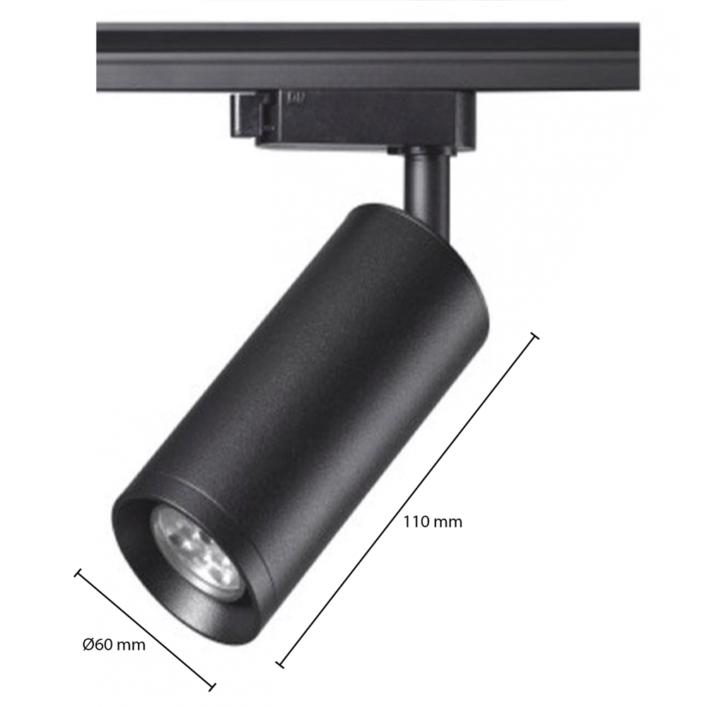 Schwarzer zylindrischer LED-Schienenstrahler, 110 mm lang und 60 mm Durchmesser, montiert auf einem Schienensystem, schräg von vorne abgebildet.