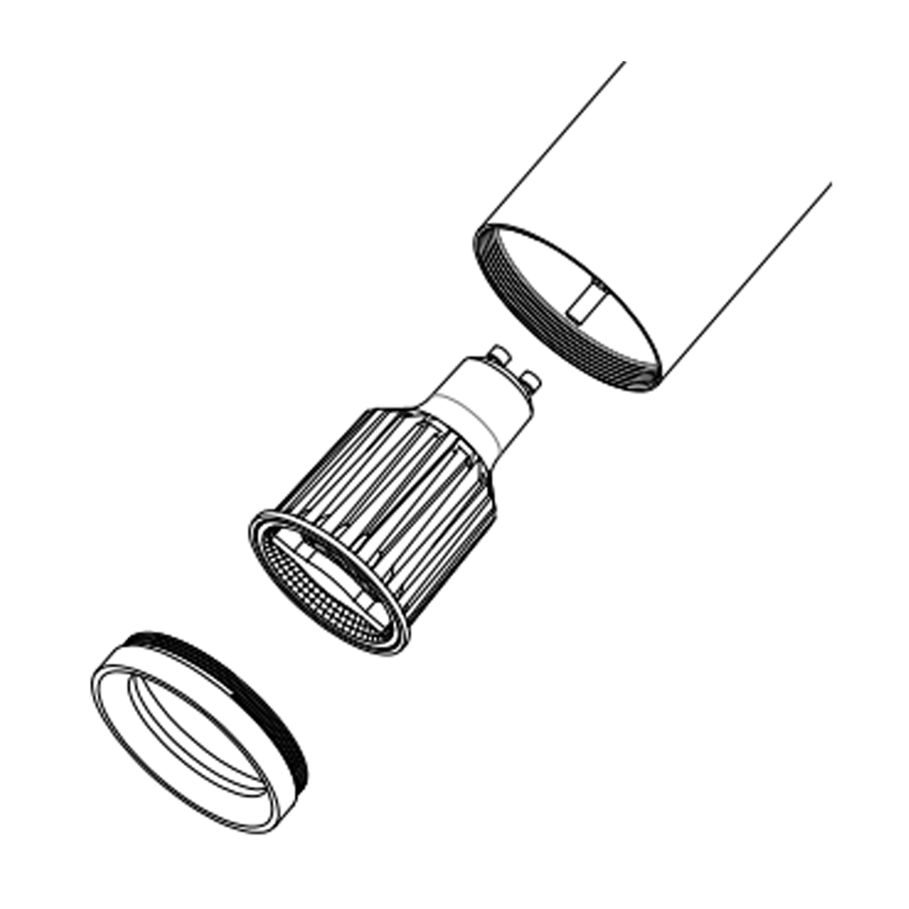 Explosionsansicht eines GU10-LED-Strahlermoduls mit Kühlkörper, Linse und Gehäuse, dargestellt aus einer isometrischen Perspektive.