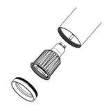 Explosionsansicht eines GU10-LED-Strahlermoduls mit Kühlkörper, Linse und Gehäuse, dargestellt aus einer isometrischen Perspektive.