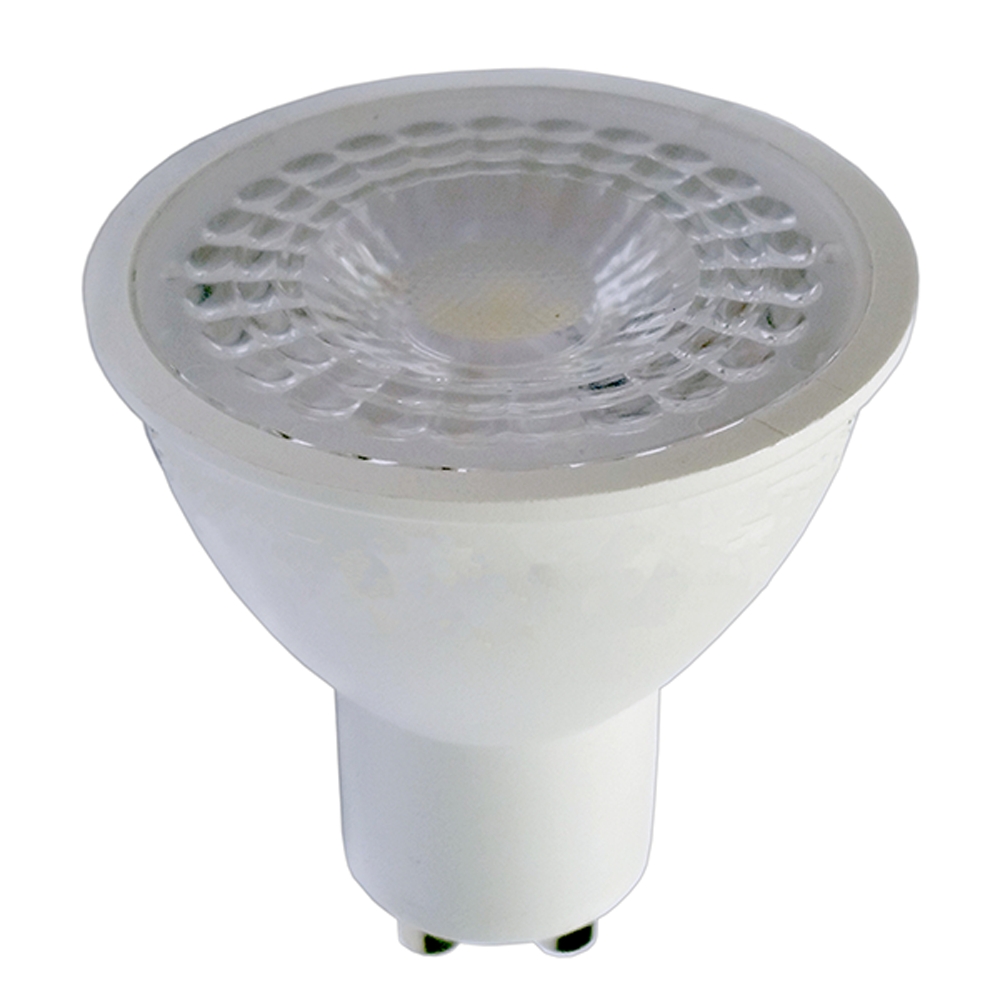LED-Strahler mit GU10-Fassung, weiß, abgewinkelte Frontansicht.