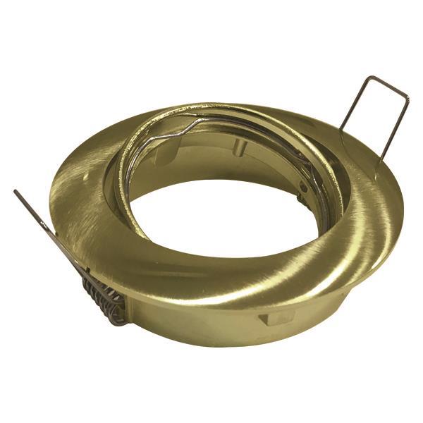 Goldfarbener, runder Einbaustrahler mit Klemmfedern, abgewinkelter Seitenblick - geeignet für GU10- oder MR16-Lampen, ideal für die Deckenmontage in der modernen Innenraumbeleuchtung.