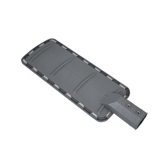 Grauer Flachmopphalter mit Klappgelenk, Draufsicht – geeignet zur Befestigung von Flachmopptüchern für eine effiziente Bodenreinigung im professionellen und privaten Umfeld.