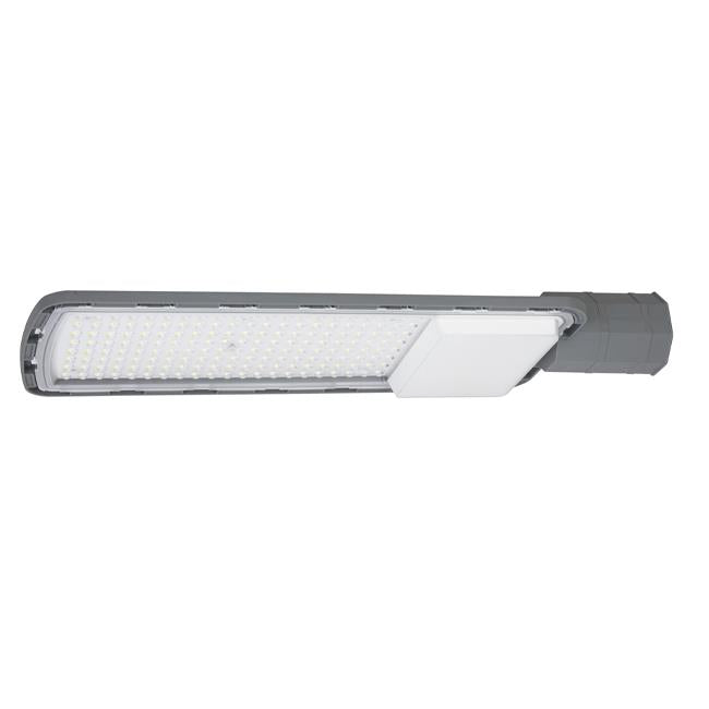 LED-Straßenleuchte mit seitlicher Sicht, elegantem grauem Design und integriertem LED-Modul für effiziente und nachhaltige Außenbeleuchtung.