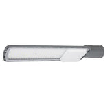 LED-Straßenleuchte mit seitlicher Sicht, elegantem grauem Design und integriertem LED-Modul für effiziente und nachhaltige Außenbeleuchtung.