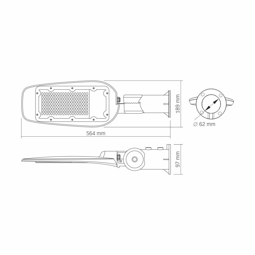 Technische Zeichnungen einer LED-Straßenbeleuchtungsanlage mit Abmessungen, Draufsicht, Seitenansicht und Vorderansicht.