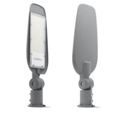 Videx LED-Straßenleuchte – Vorder- und Rückansicht einer grauen, energieeffizienten Außenleuchte mit integriertem LED-Modul und modernem Design, geeignet für die öffentliche Beleuchtung.