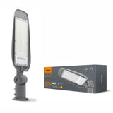 VIDEX 150W LED-Straßenlaterne mit 15.000 Lumen, graues Gehäuse, Vorderansicht der Lampe und Produktverpackung mit Spezifikationen.