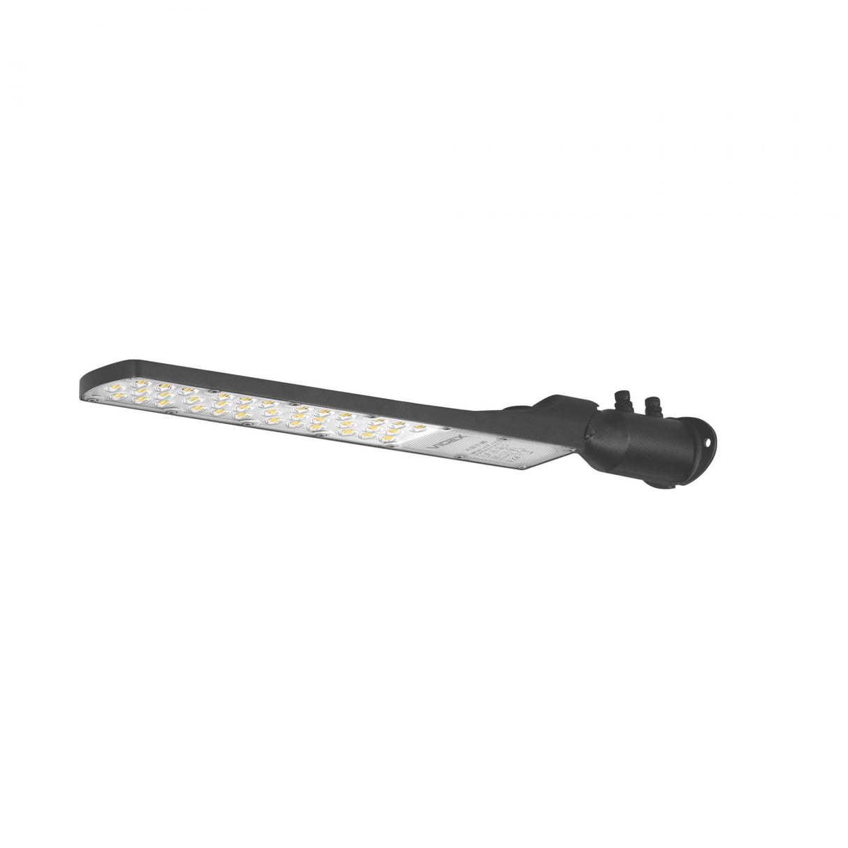 Schwarze LED-Straßenlaterne mit abgewinkelter Seitenansicht und sichtbaren LED-Modulen und Befestigungspunkten, geeignet für die Außenbeleuchtung von Straßen und Parkplätzen.