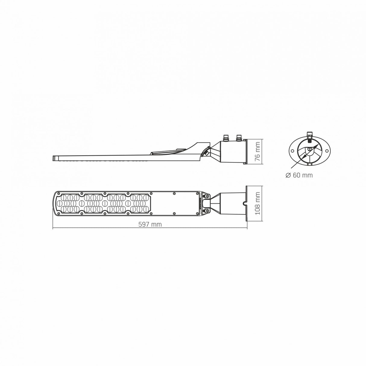 Technische Zeichnung einer LED-Straßenbeleuchtungsleuchte mit Abmessungen, Seitenansicht, Draufsicht und Unteransicht, einschließlich der Abmessungen 597 mm Länge, 108 mm Breite und 76 mm Höhe sowie einem Montageloch mit 60 mm Durchmesser.