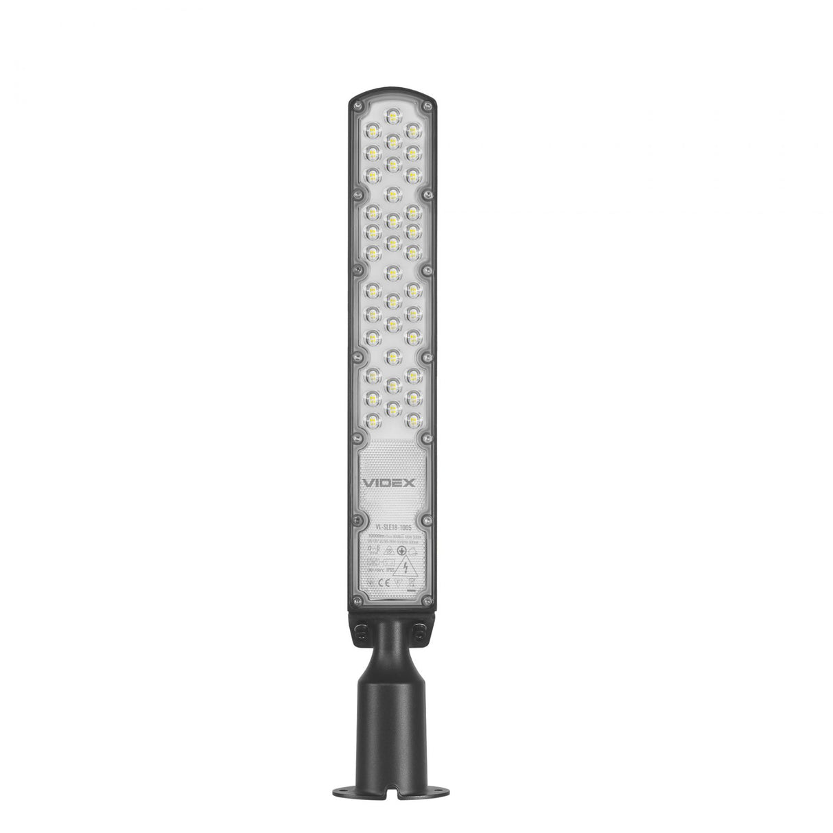 Videx VL-SL EBI-1005 LED-Straßenleuchte, Frontansicht – energieeffiziente Außenbeleuchtung mit mehreren LEDs, geeignet zur Montage an Laternenpfählen oder Wandhalterungen.