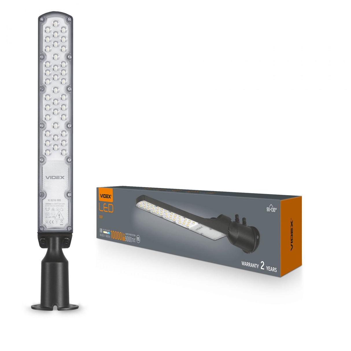 Vorderansicht der Videx LED-Straßenleuchte mit 90–130° Abstrahlwinkel, abgebildet neben der Produktverpackung mit Spezifikationen und 2 Jahren Garantie.