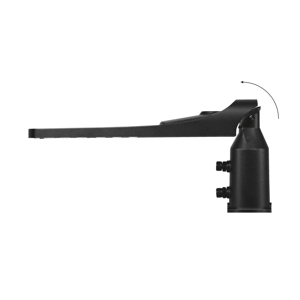 Seitenansicht einer schwarzen, verstellbaren LED-Straßenleuchte mit Montagehalterung und Schwenkmechanismus, ideal für den Außenbereich.