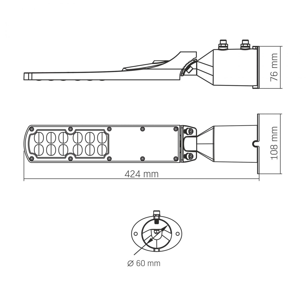 Technische Zeichnung einer LED-Straßenleuchte mit Abmessungen, Seitenansicht, Draufsicht und Unteransicht sichtbar; Gesamtlänge 424 mm, Breite 108 mm, Höhe 76 mm, Montagelochdurchmesser 60 mm.