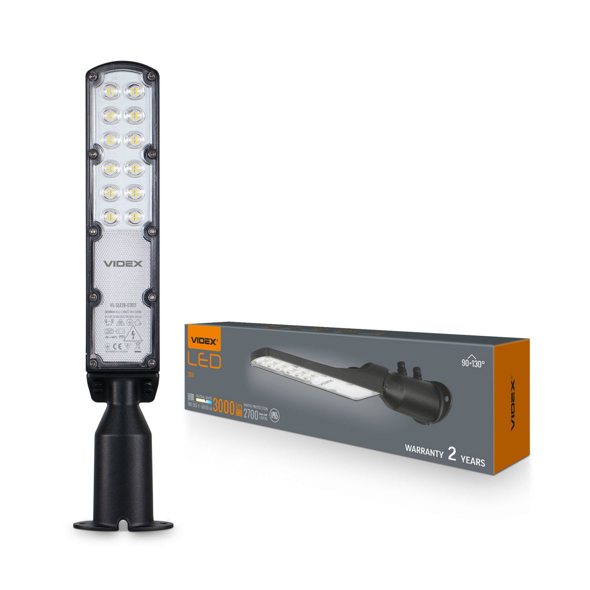 Frontansicht der Videx 30W LED-Außenleuchte, inklusive Produktverpackung, sichtbar mit 12 LEDs und stabilem Montagesockel – ideal für Außenanwendungen mit breiter Lichtverteilung von 90°-130°.