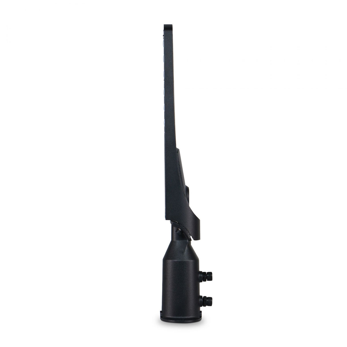 Seitenansicht einer schwarzen Außenantenne mit Montagesockel, geeignet für drahtlose Kommunikation oder Fernsehempfang. Das schlanke, vertikale Design sorgt für ein minimalistisches Profil und eine einfache Installation.