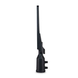 Seitenansicht einer schwarzen Außenantenne mit Montagesockel, geeignet für drahtlose Kommunikation oder Fernsehempfang. Das schlanke, vertikale Design sorgt für ein minimalistisches Profil und eine einfache Installation.
