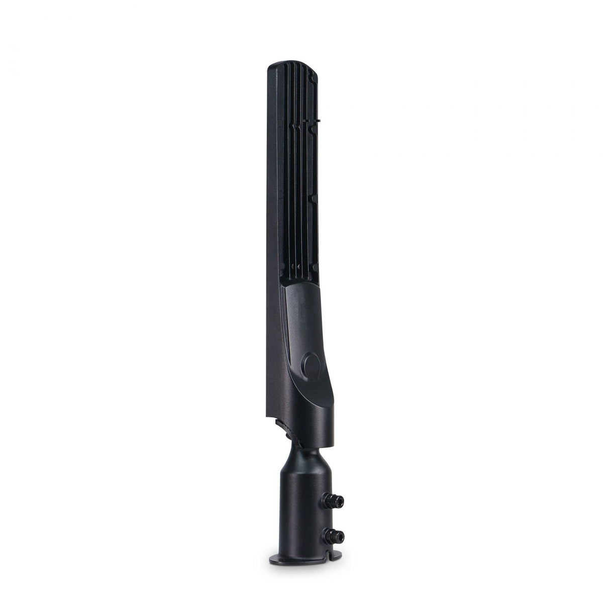 Schwarze Antenne mit stromlinienförmigem Design, in Seitenansicht vor weißem Hintergrund fotografiert, geeignet für maritime oder industrielle Anwendungen.