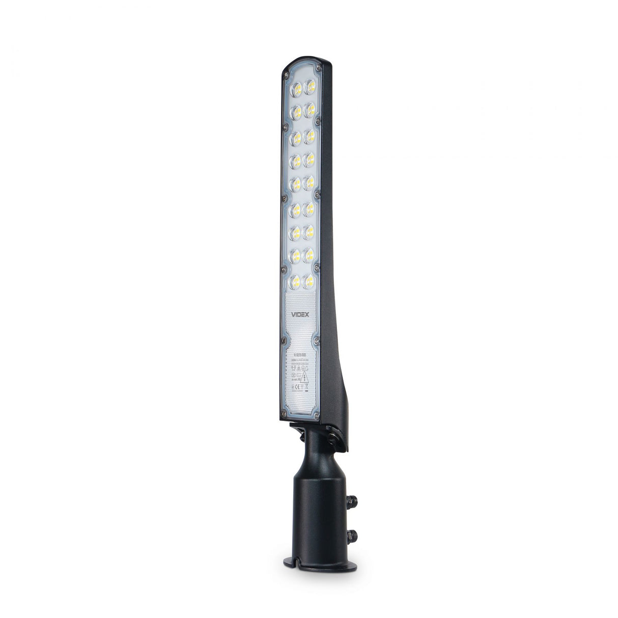Videx LED-Straßenleuchte, Frontansicht, mit schlankem vertikalen Design und mehreren LED-Lichtpunkten, geeignet für den Außenbereich und die energieeffiziente Beleuchtung von Straßen und Plätzen.