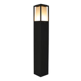 Moderne schwarze Außenleuchte, stehende Sockelleuchte mit satiniertem Glas, frontaler Schrägblick, geeignet zur Gartenweg- und Einfahrtsbeleuchtung.