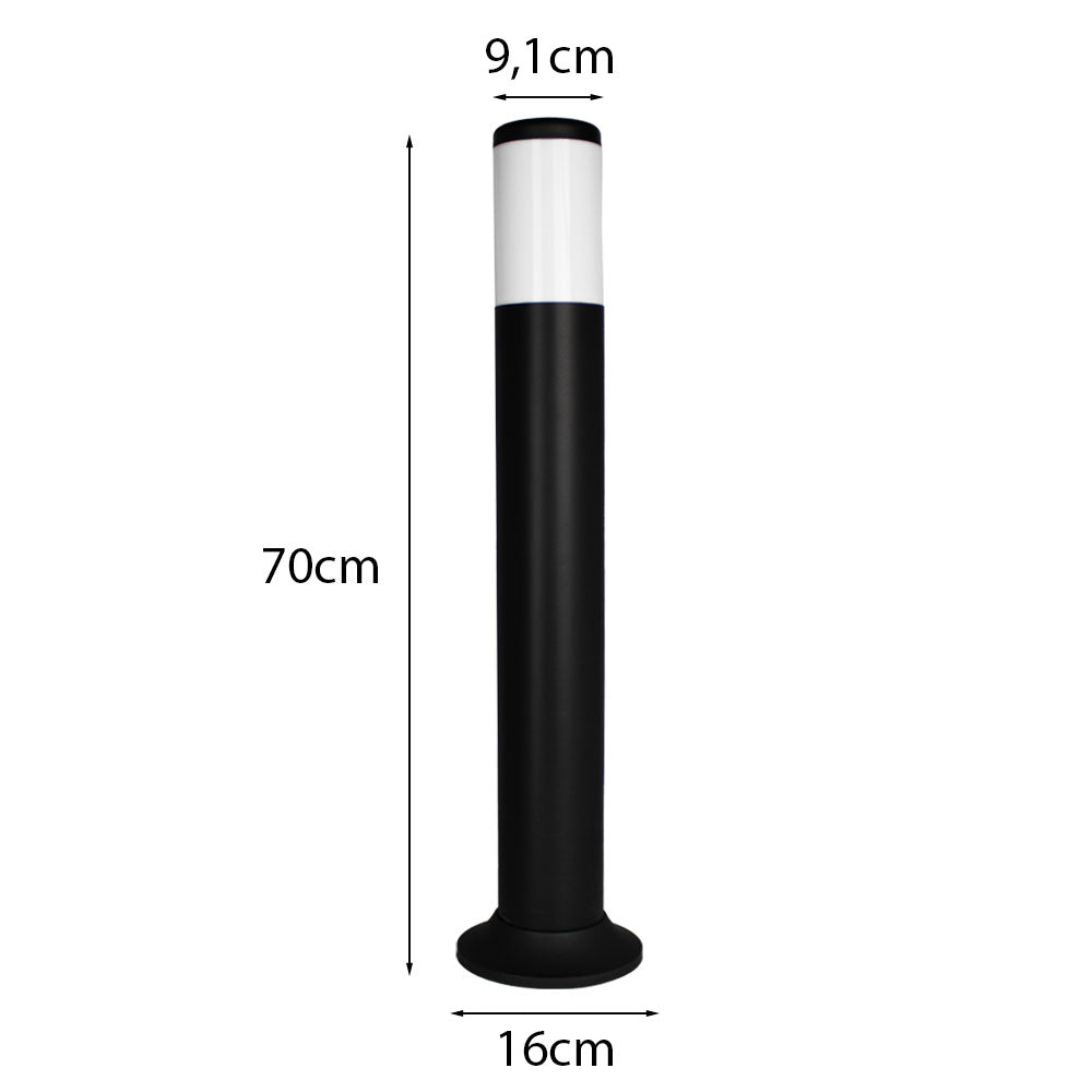 Schwarze Außenleuchte in modernem Design, zylindrisches Modell mit 70 cm Höhe, 16 cm Sockeldurchmesser und 9,1 cm Schirmdurchmesser, Vorderansicht mit Maßangaben abgebildet.