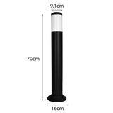 Schwarze Außenleuchte in modernem Design, zylindrisches Modell mit 70 cm Höhe, 16 cm Sockeldurchmesser und 9,1 cm Schirmdurchmesser, Vorderansicht mit Maßangaben abgebildet.