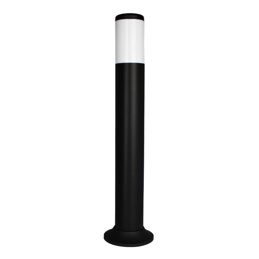Moderne schwarze LED-Außenleuchte in Mastform mit opalweißem Schirm, Frontalansicht.