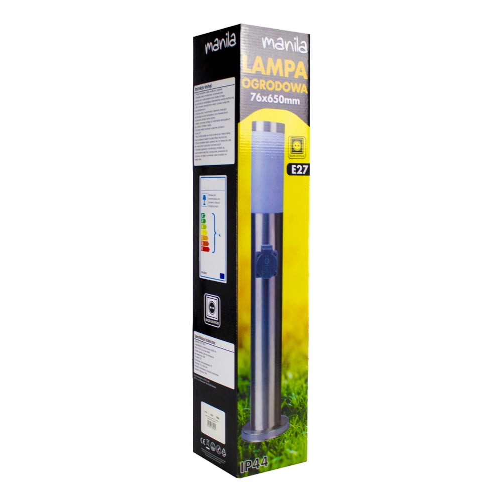 Verpakking van de Manila tuinlamp (Lampa Ogrodowa) 76x650mm E27 IP44, frontaal aanzicht met afbeelding van de roestvrijstalen lamp op een gele achtergrond met gras.