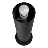 Schwarze moderne Außenleuchte mit rundem Sockel und sichtbarer LED-Birne, von oben fotografiert.