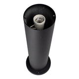 Schwarze zylindrische Außenlampe mit E27-Fassung, Draufsicht der Leuchte ohne eingesetzte Glühbirne, geeignet zur Garten- oder Wegbeleuchtung.