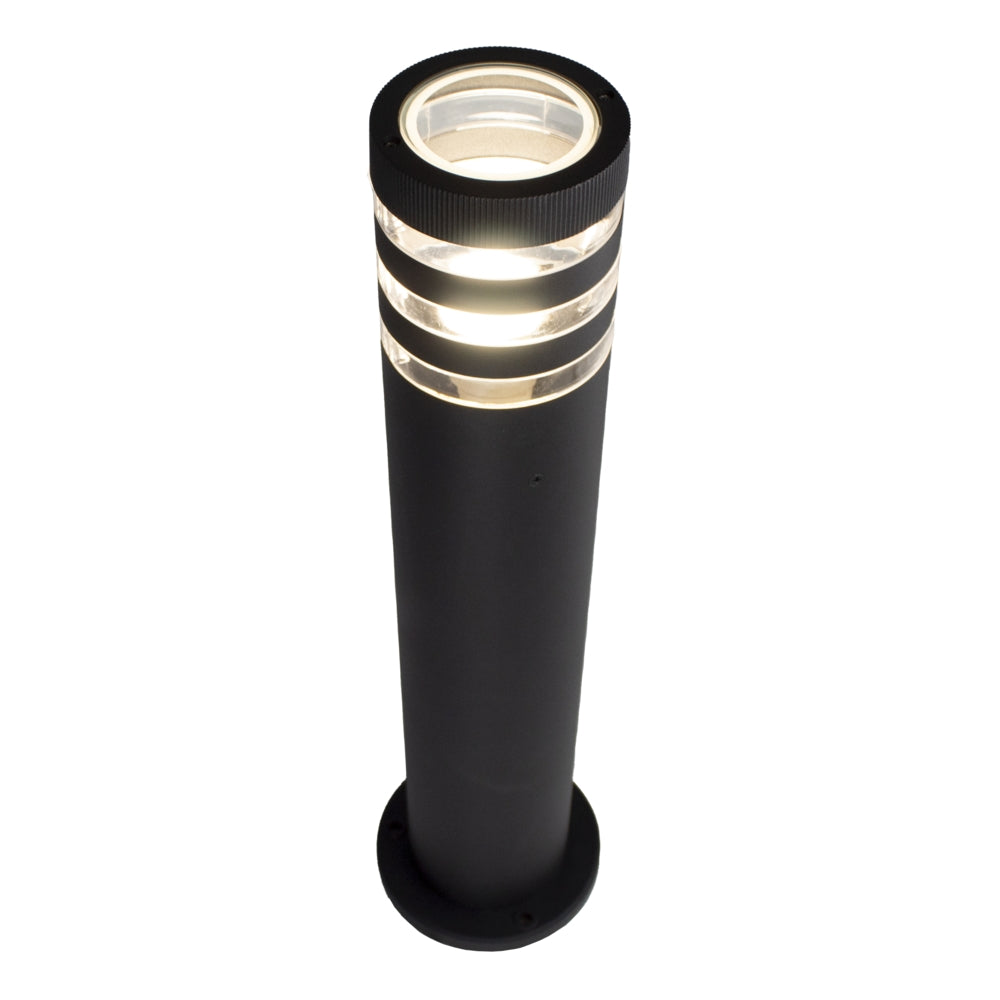 Schwarze moderne LED-Gartenstehleuchte mit horizontalen Lichtstreifen, zylindrisches Design – Draufsicht.