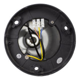 Nahaufnahme der Innenseite einer runden schwarzen LED-Downlight-Leuchte mit sichtbarer Verkabelung und Anschlüssen von vorne.