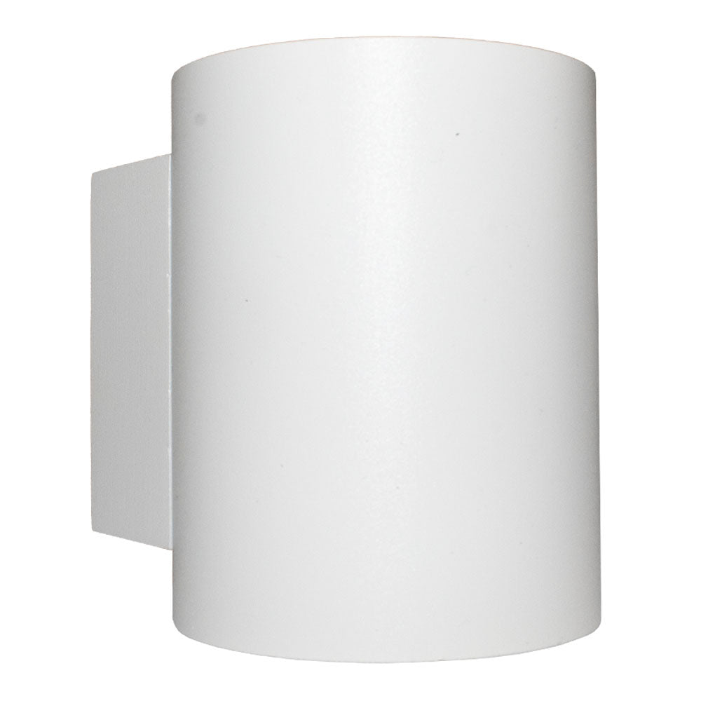 Weiße zylindrische Wandleuchte mit modernem Design, Vorderansicht einer minimalistischen Up- und Downlight-Außenleuchte.