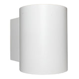 Weiße zylindrische Wandleuchte mit modernem Design, Vorderansicht einer minimalistischen Up- und Downlight-Außenleuchte.