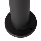 Nahaufnahme von unten eines schwarzen Tisch- oder Möbelbeins aus Stahl mit runder Montageplatte und Befestigungslöchern.