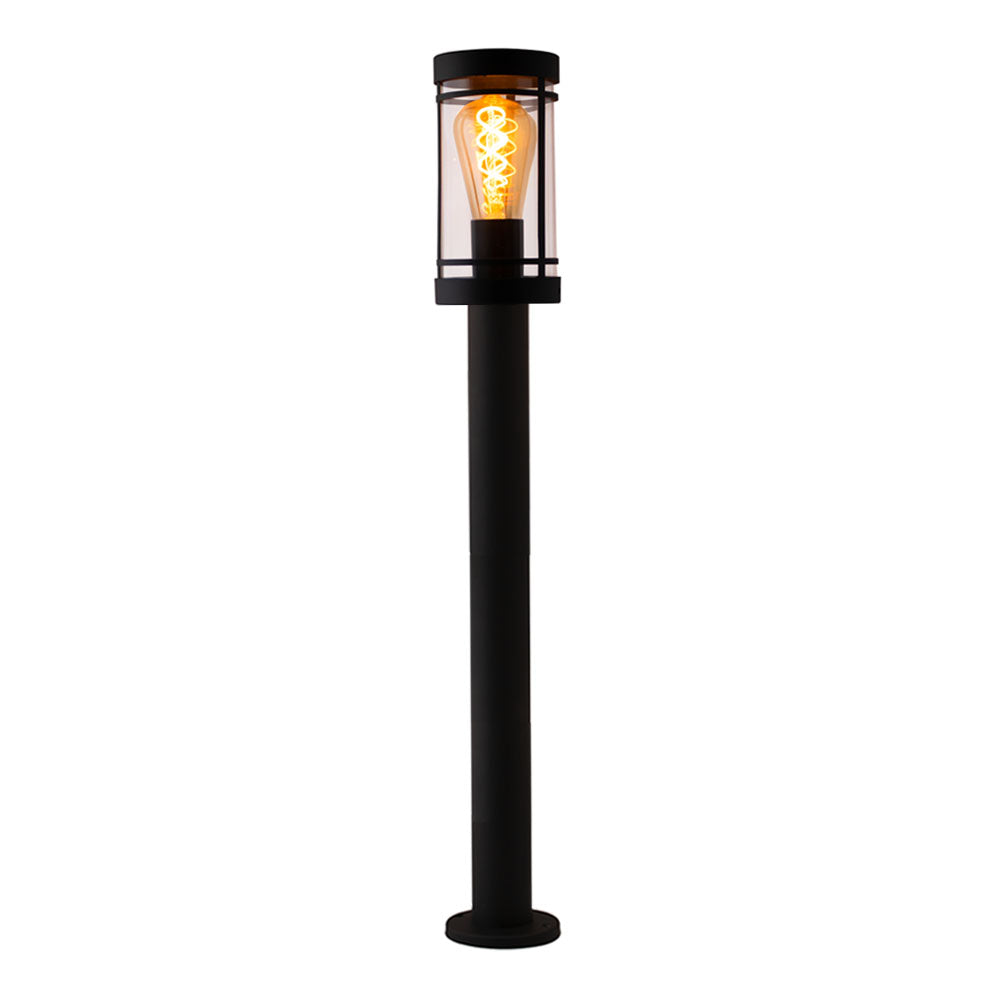 Moderne schwarze Außenmastleuchte mit sichtbarem bernsteinfarbenem LED-Filament, zylindrischem Design und Glasabdeckung, Vorderansicht.