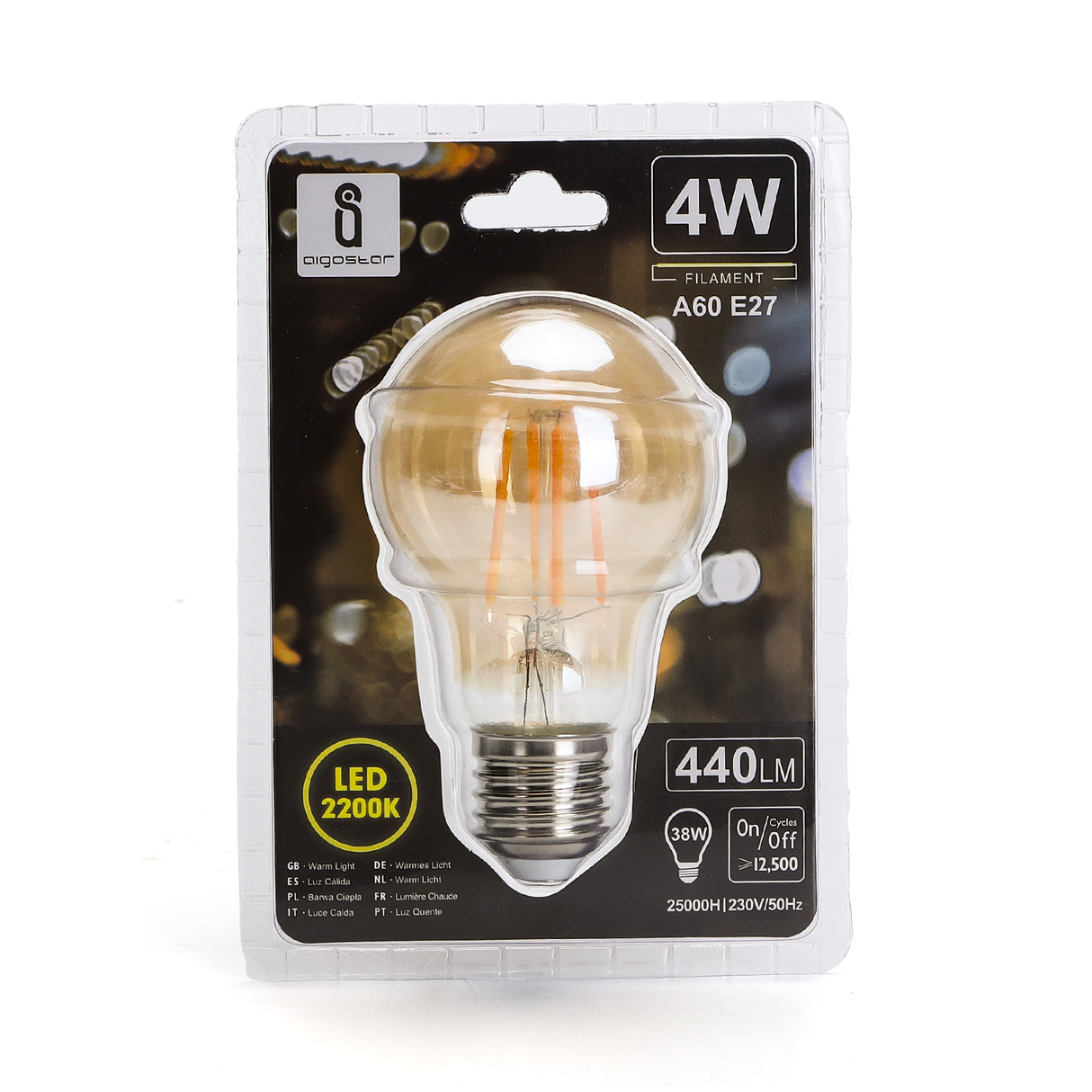 Ansicht der Aigostar LED-Glühbirne A60 E27 4W in Einzelhandelsverpackung, mit einer warmen Lichtfarbe von 2200K, 440 Lumen Lichtleistung und dem energieeffizienten Äquivalent einer 38W-Glühbirne.