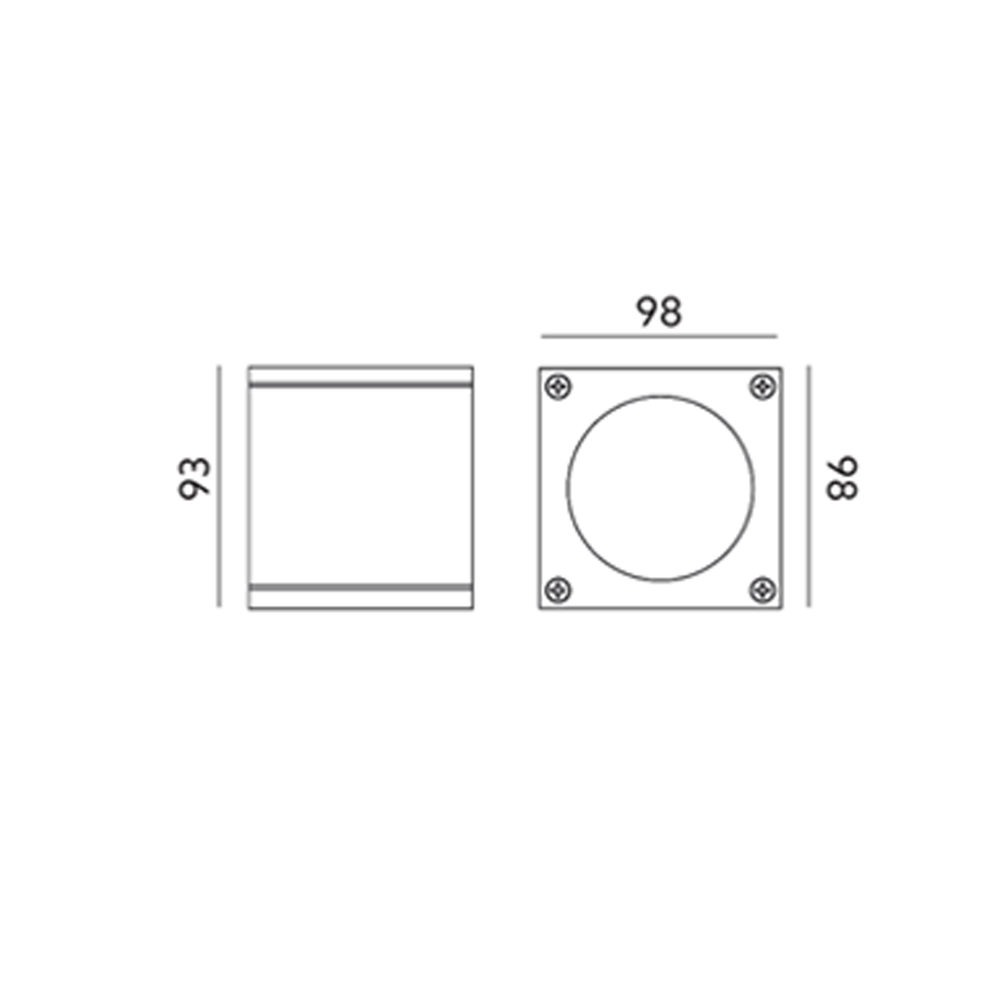 Technische Zeichnung einer Wandleuchte mit den Maßen 93x98x86 mm, dargestellt in Vorder- und Unteransicht, geeignet für Produktauflistung und Montageanleitung.