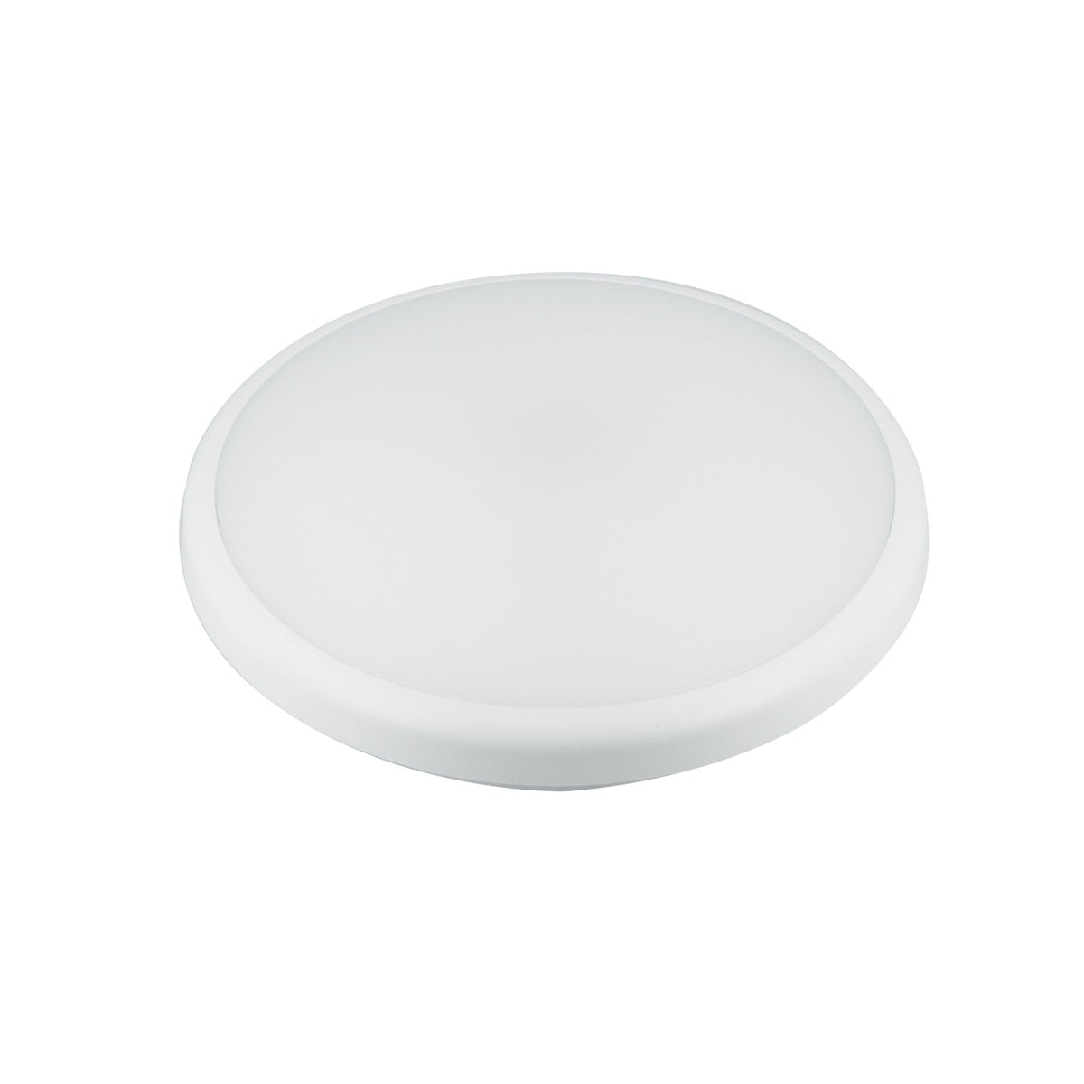 Runde weiße LED-Deckenleuchte mit schlankem und minimalistischem Design, in einer schrägen Draufsicht vor weißem Hintergrund dargestellt.