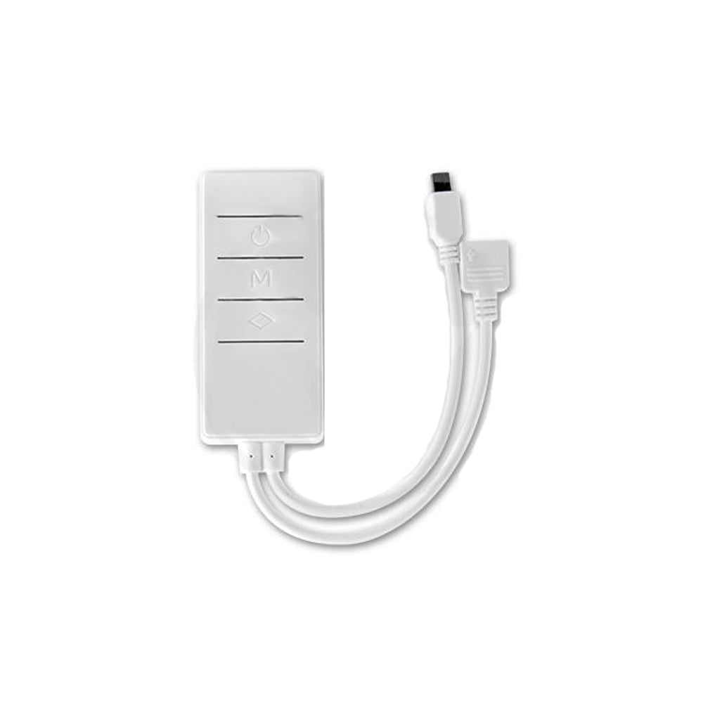 Weißer LED-Streifen-Controller mit Ein-/Aus-Taste, Modus-Taste und Helligkeitseinstellung, mit zwei Anschlusskabeln – Draufsicht auf weißem Hintergrund.