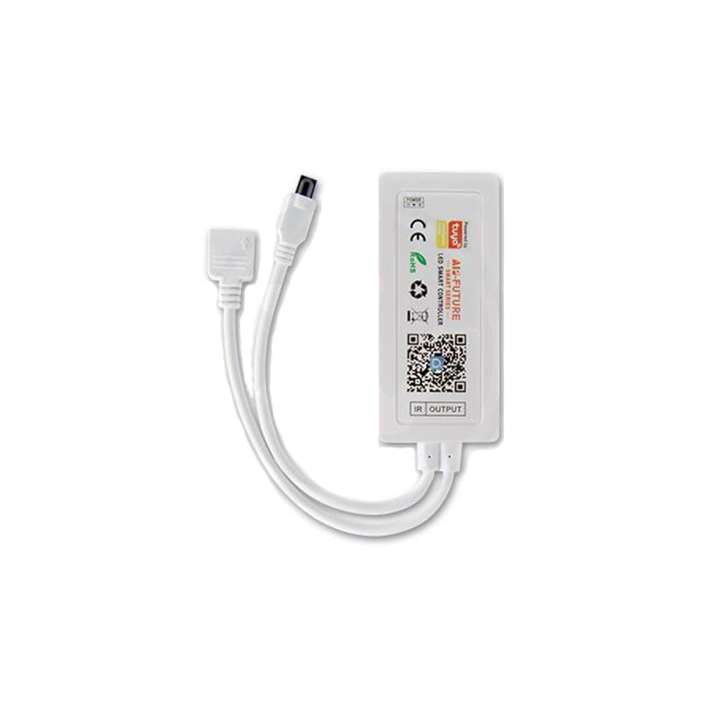 Draufsicht eines Tuya WiFi LED-Streifen-Controllers mit zwei weißen Anschlusskabeln und integriertem QR-Code zur Konfiguration.