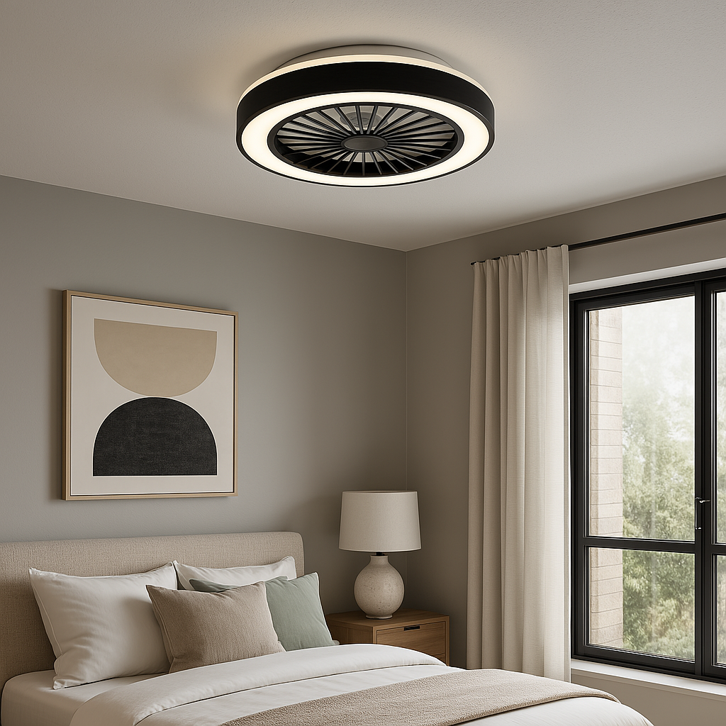 Ein moderner Deckenventilator mit integrierter LED-Beleuchtung im schwarz-weißen Design, montiert an der Decke eines stilvollen Schlafzimmers – Innenansicht von schräg unten.