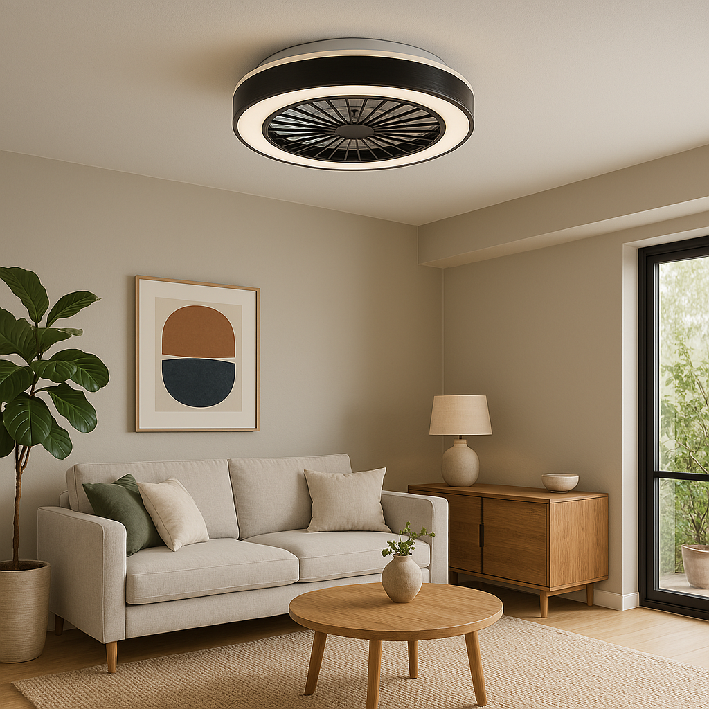 Moderner Deckenventilator mit integrierter LED-Beleuchtung in Schwarz und Weiß, montiert an der Decke eines stilvollen Wohnzimmers – Ansicht von unten.