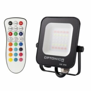 Optonica LED-Flutlicht mit Fernbedienung, Frontansicht – leistungsstarkes RGB-Außenlicht mit wasserdichtem IP65-Gehäuse und einstellbaren Farbmodi.
