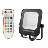 Optonica LED-Flutlicht mit Fernbedienung, Frontansicht – leistungsstarkes RGB-Außenlicht mit wasserdichtem IP65-Gehäuse und einstellbaren Farbmodi.