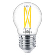 Philips LED-Filamentlampe mit E27-Fassung, klarem Glas und sichtbaren Glühfäden, Vorderansicht.