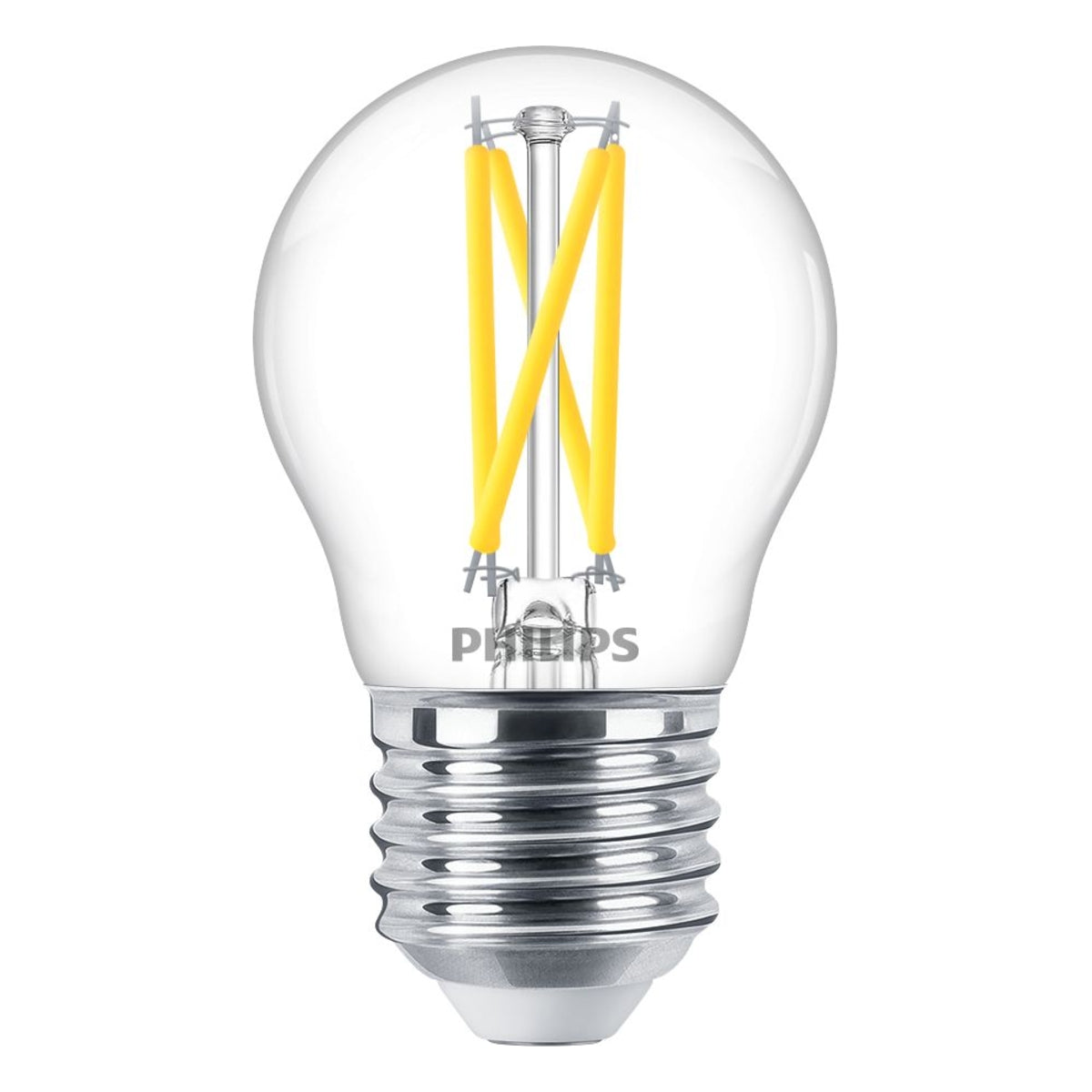 Philips LED-Filamentlampe mit E27-Fassung, klarem Glas und sichtbaren Glühfäden, Vorderansicht.