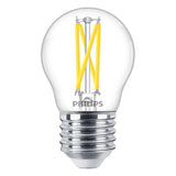 Philips LED-Filamentlampe mit E27-Fassung, klarem Glas und sichtbaren Glühfäden, Vorderansicht.