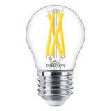 Philips LED-Filamentlampe mit E27-Fassung, klarem Glaskolben und sichtbaren gelben Glühfäden – Vorderansicht.